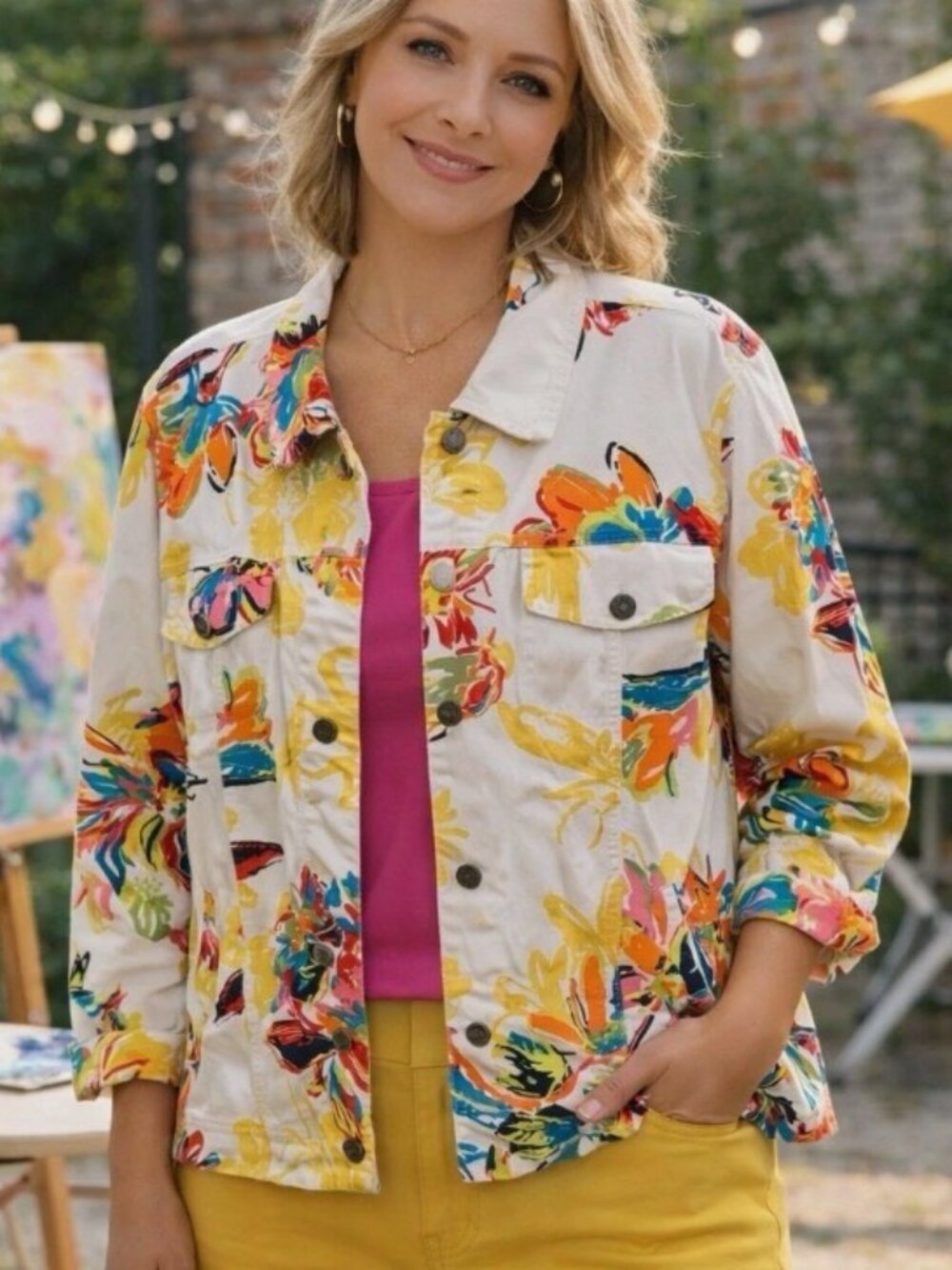 Multiples Floral Button-Up Jacket Sz M Lightweight Bright Colorful Artsy Womens